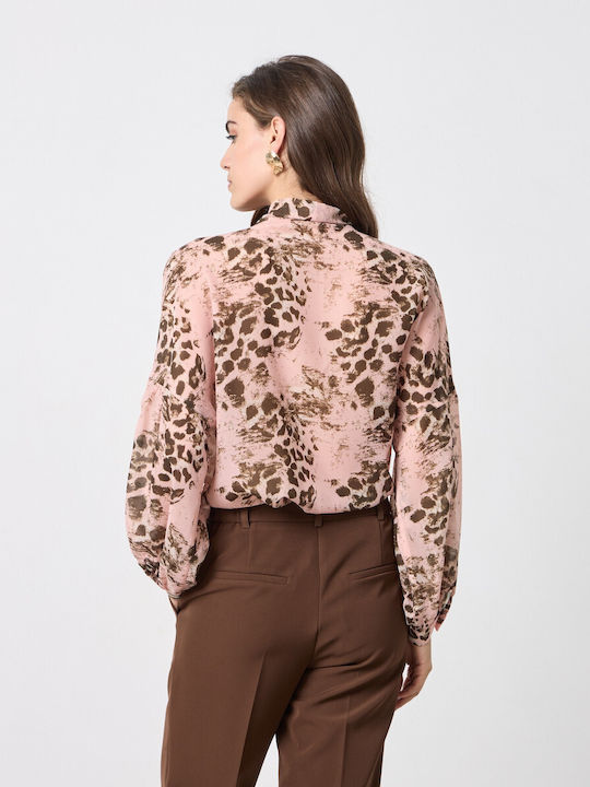 Damen Langärmeliges Top mit Bindung am Ausschnitt Tierdruck Rosa
