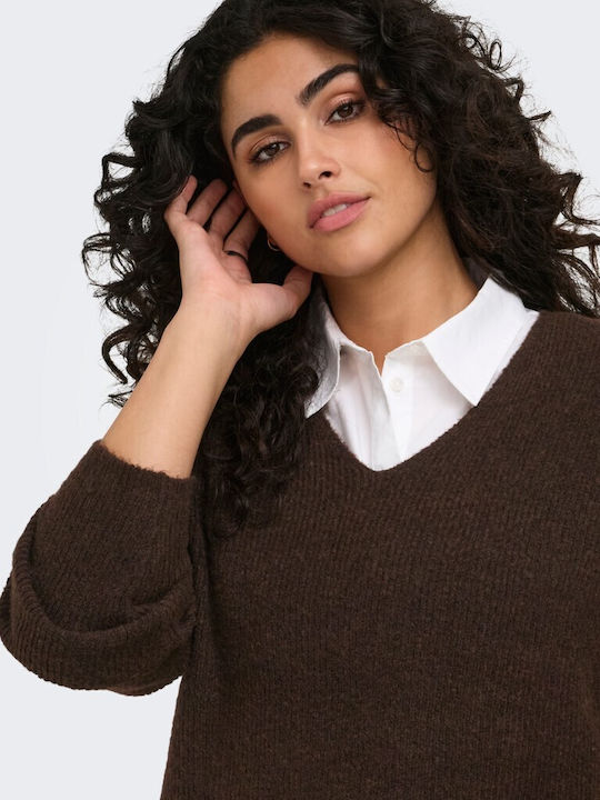 Women's Long Sleeve Sweater with V-Neck Brown