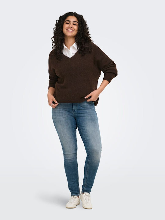 Women's Long Sleeve Sweater with V-Neck Brown