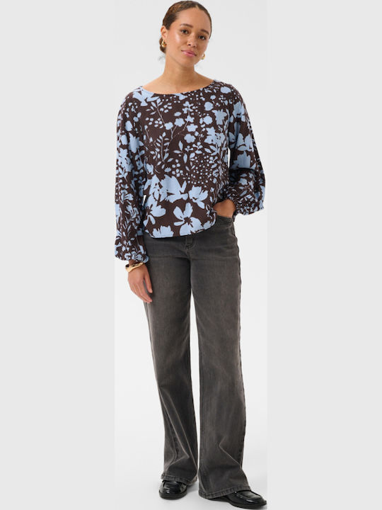 Women's Blouse Long Sleeve Floral Brown-Blue