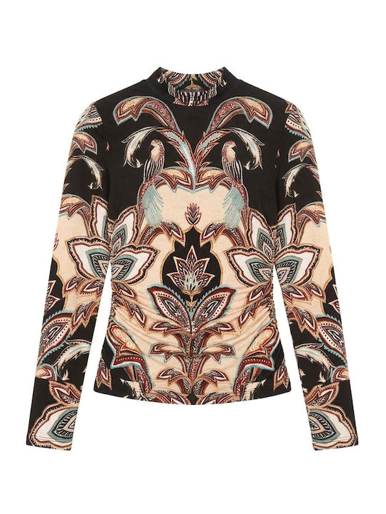Women's Long Sleeve Floral Blouse Ecru Black Bordeaux