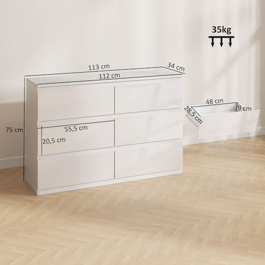 HomCom Kommode Schlafzimmer Holz mit 6 Schubladen Weiß 112x34x75cm