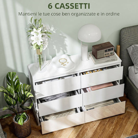 HomCom Kommode Schlafzimmer Holz mit 6 Schubladen Weiß 112x34x75cm
