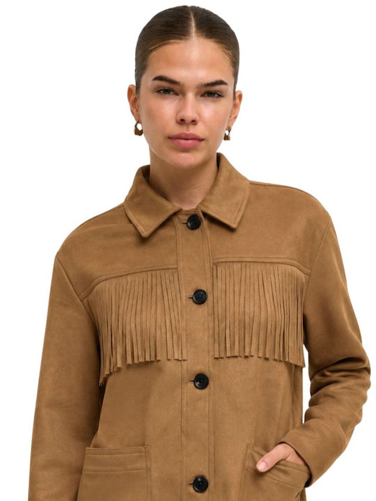 Jachetă de damă din suede pentru iarnă Cognac Brown