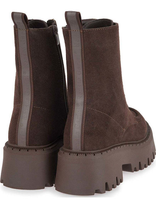 Suede Women's Combat Boots with Mid Heel Brown