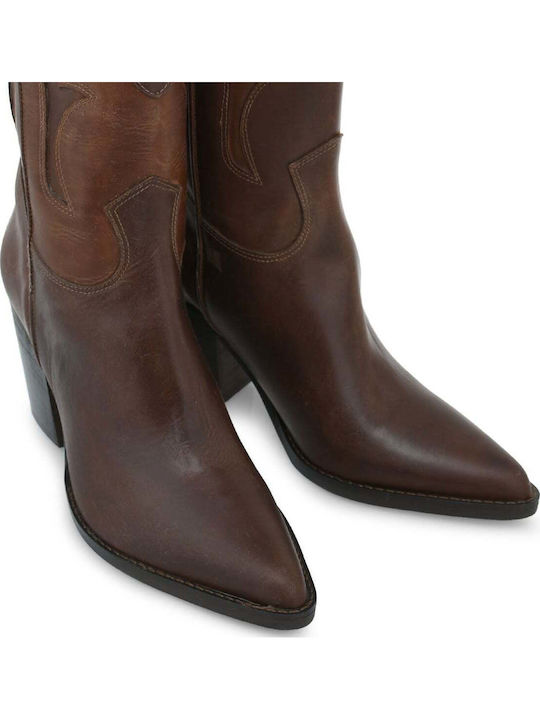 Leder Damen Stiefeletten Cowboy mit Hochabsatz Tabac