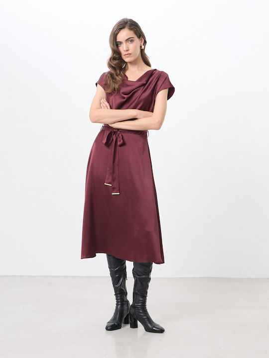 Rochie De Vară Midi De Seară Din Satin Drapat Burgundy