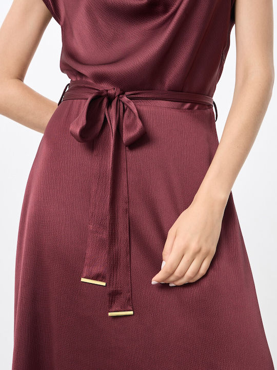 Rochie De Vară Midi De Seară Din Satin Drapat Burgundy