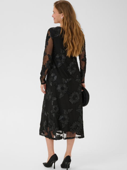 Summer Midi Evening Dress with Mesh Black