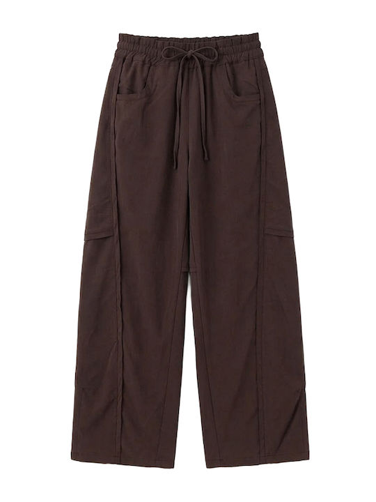 Damen Hochbund Stoffhose mit Gummiband in Balloon Bein Stil  Braun