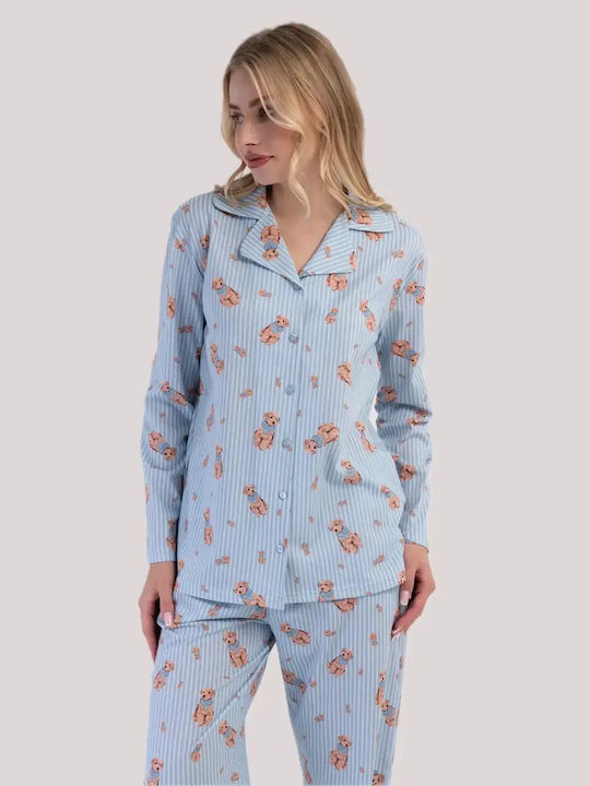 Vienetta Secret Summer Women's Cotton Light Blue Pyjama Set