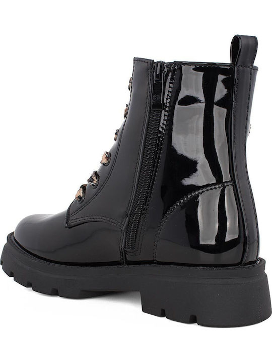 Leather Kids Military Boots with Zipper Black