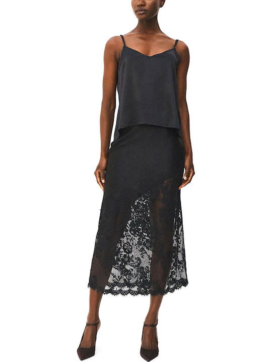 Satin Hohe Taille Midi Damenrock Schwarz 64-6016-126-Schwarz