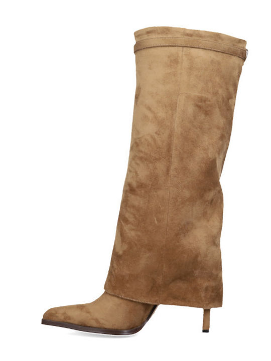 Suede Women's Boots with Mid Heel Beige