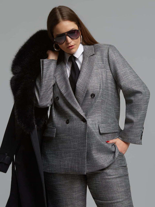 Mat Fashion Дълго Дамско Строено Сако Сребристо