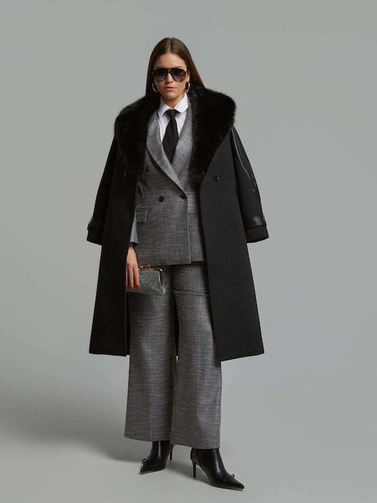 Mat Fashion Дълго Дамско Строено Сако Сребристо