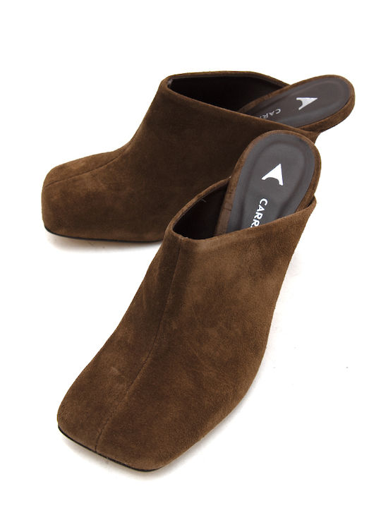 Suede Damen Pantoletten mit Hoch Absatz in Brauner Farbe