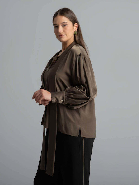 Bluza Damă Satin Mânecă Lungă Maro