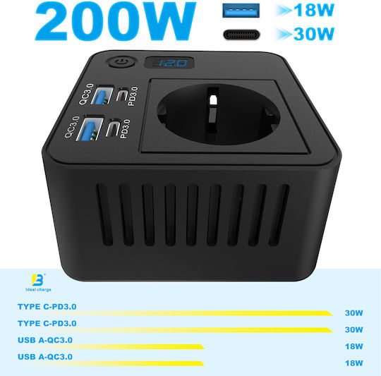 Powertech Car Power Inverter Ptl-028 200W 12V/24V DC 110V/220V AC 2x USB-C/2x USB 5210131162682