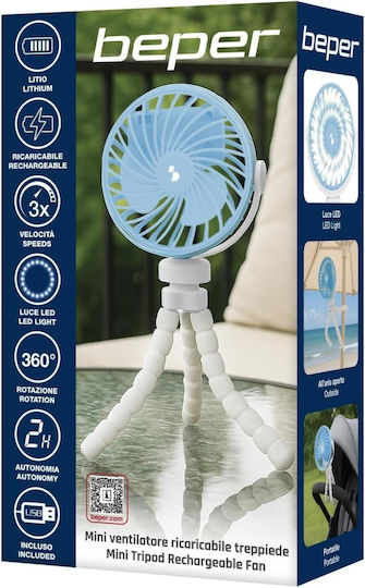 Ventilator Portabil Mic Beper P206ven431 Picioare Flexibile Tip Trepied Reîncărcabil Usb-c 3 Viteze Rotație 360° Lumină Led Integrată Cărucior Copil Mașină Birou Camping Alb Albastru