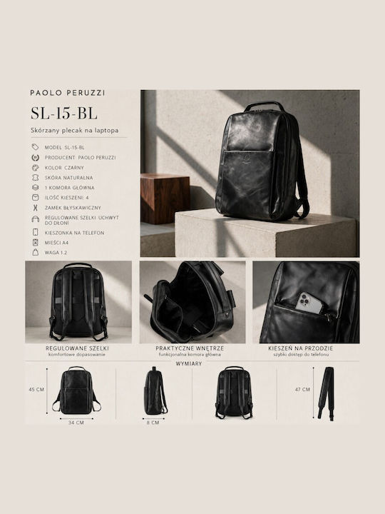 Rucsac Negru Din Piele Pentru Laptop 15 6″ Mărime A4 Premium Paolo Peruzzi Sl-15-bl