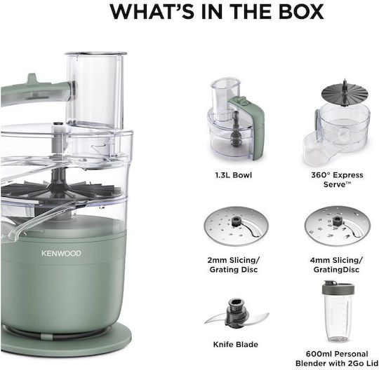 Kenwood Compact Procesor Alimentar Multifuncțional 900W cu Recipient 1.3lt și Vas Blender Verde