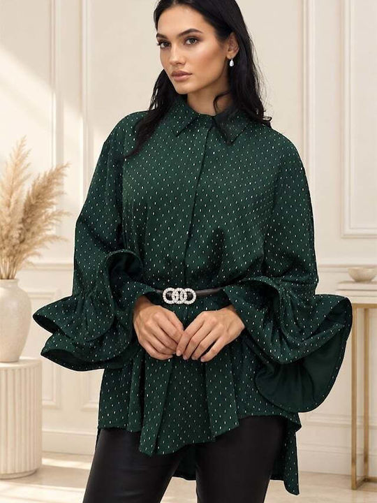 Дълъг Ръкав Дамска Кожена Риза Emerald Green