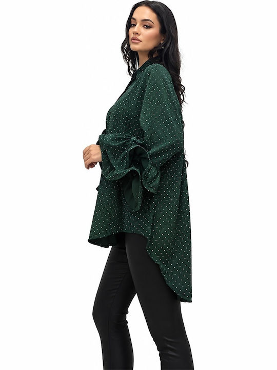 Дълъг Ръкав Дамска Кожена Риза Emerald Green