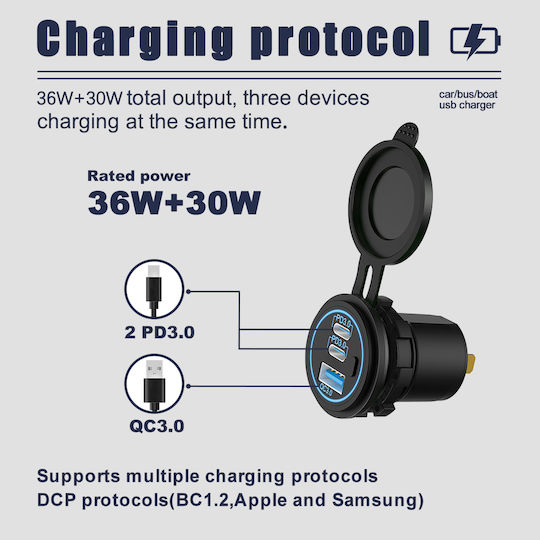 Powertech USB Поставка За Лодки И Превозни Средства Ptl-030 USB И 2x USB-C 36W IP65 5210131162705