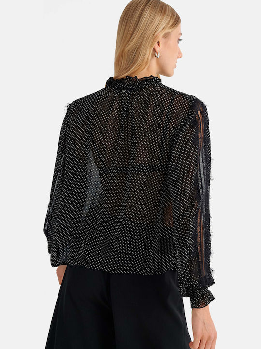 Attrattivo Damen Bluse Langärmelig mit V-Ausschnitt Polka Dot Schwarze
