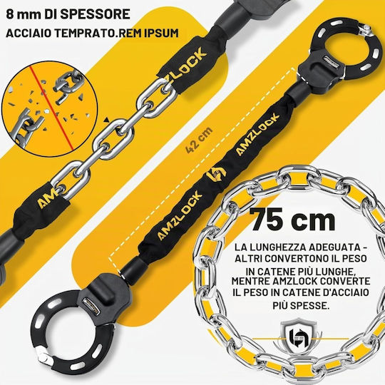 Încuietoare Antifurt Tip Lanț Pentru Scuter Electric Bicicletă Amzlock Lanț Întărit Din Oțel 8 Mm X 75 Cm Protecție Din Silicon Antigrilaj Greutate 1.6 Kg Include 3 Chei Husă Impermeabilă 3l