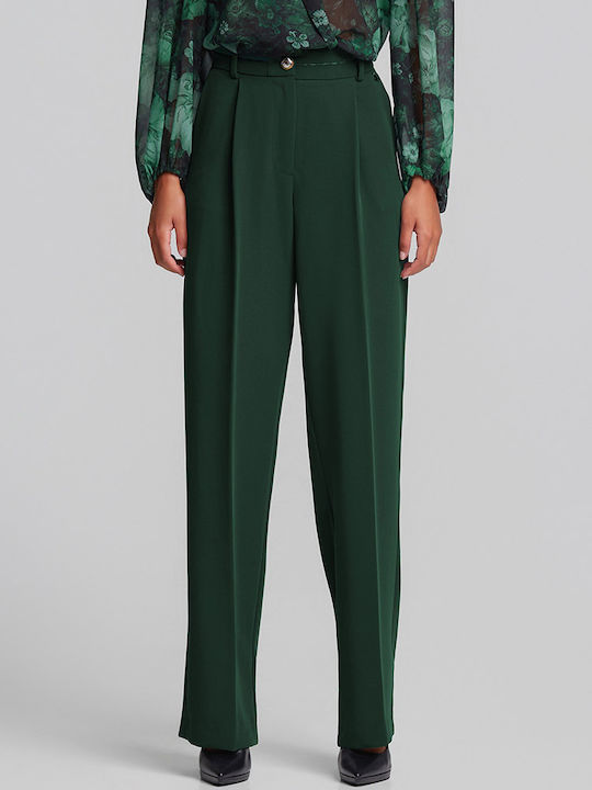 Women's High Rise Crepe Trousers in Loose Fit Dark Green