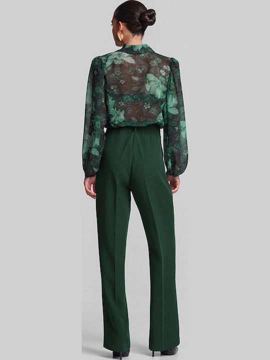 Women's High Rise Crepe Trousers in Loose Fit Dark Green