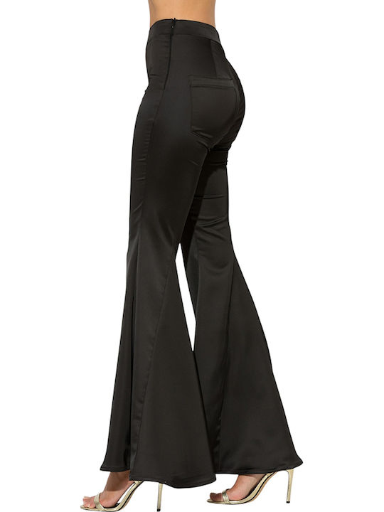 Damen Hochbund Satin Hose Ausgestellt in Schlank Passform Schwarz