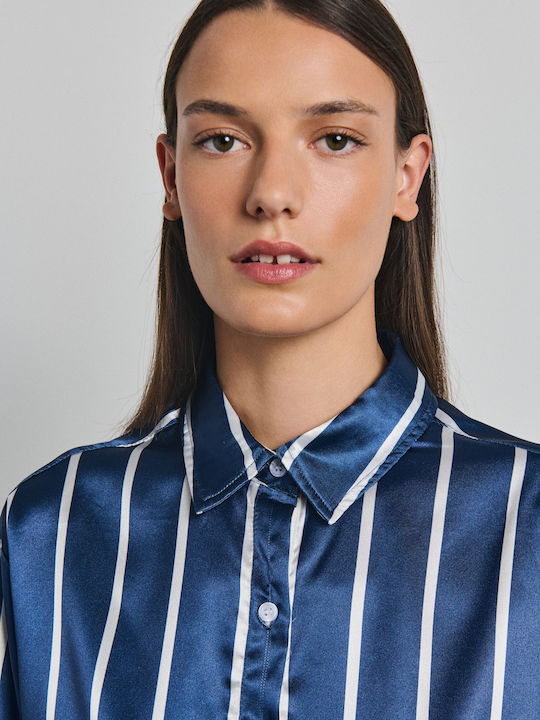Langärmeliges Damenhemden Satin Blauen Gestreift