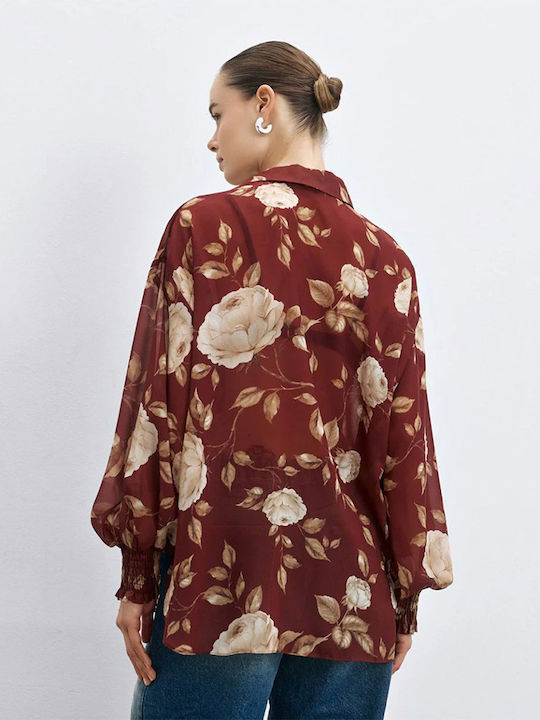 Cămașă De Damă Cu Mânecă Lungă Rust Floral