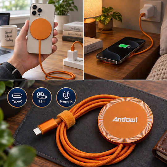 Andowl Wireless Charger (Qi Pad) and USB-C Cable 30W Orange (A53)
