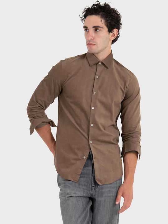 Дълъг Ръкав Рипсено Кадифе Риза в Тясна Кройка Light Brown