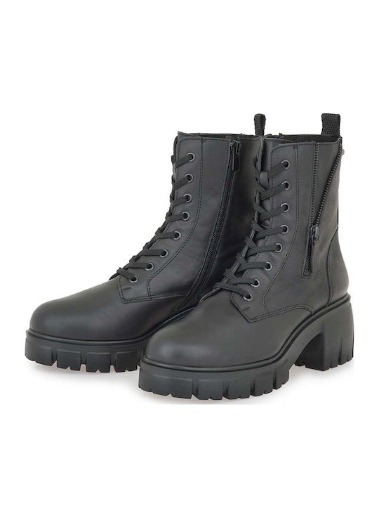 Leder Damen Kampfstiefel mit Mittelhohem Absatz Schwarz