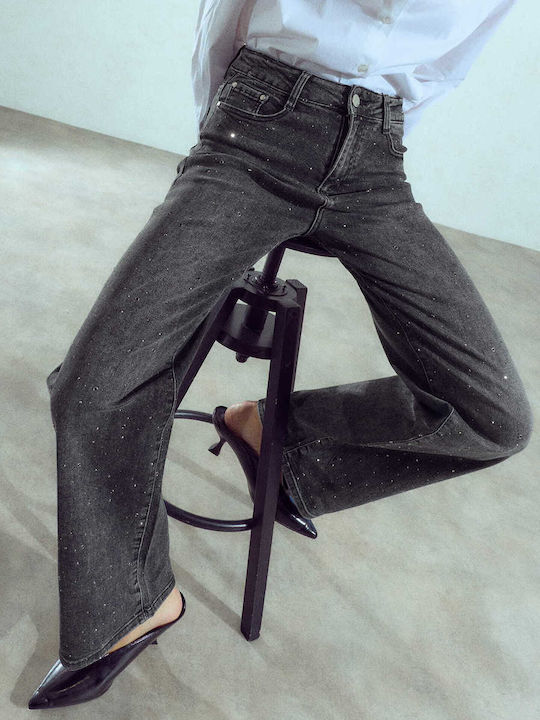 Celestino Damen Jeans Wide Bein Strass Lose Passform Dunkelgrau