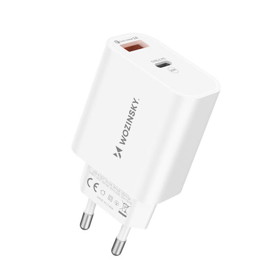 Wozinsky Зарядно устройство с USB-A порт и USB-C порт и кабел USB-C - USB-C 20W Power Delivery / Quick Charge 3.0 Бял (WLS-20W)
