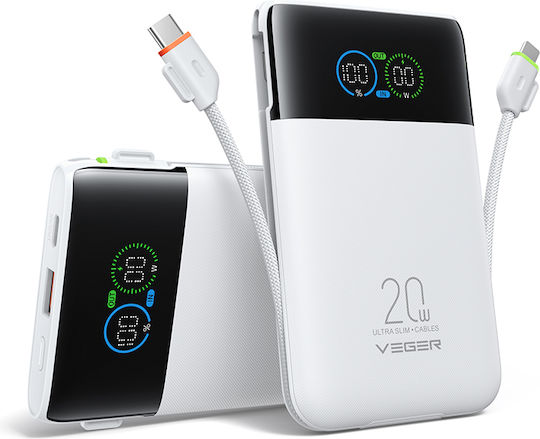 Veger Fuerza 10 Външна батерия 10000mAh 20W с USB-A порт и 2 USB-C порта Power Delivery / Quick Charge Бяла
