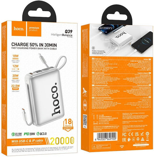 Hoco Q39 Power Bank 20000mAh 22.5W με Θύρα USB-A και Θύρα USB-C Power Delivery / Quick Charge Λευκό