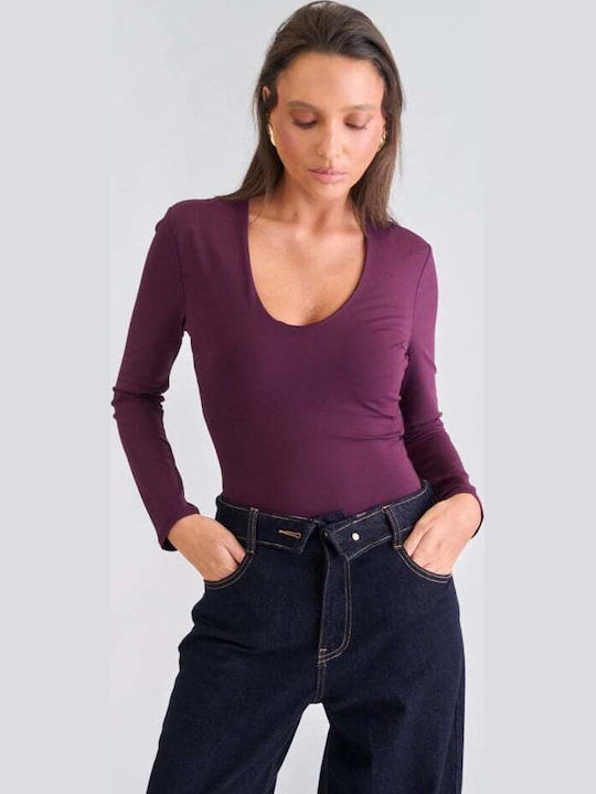Damen-Bodysuit Mit Tiefem Ausschnitt Burgundisch