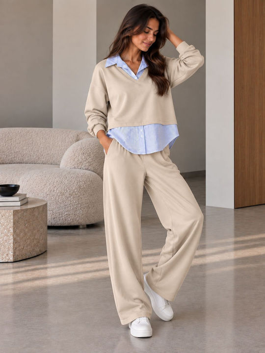 Damen Beige Satz mit Hose in Entspannt Passform