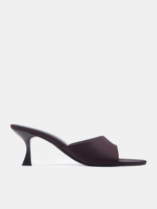 Satin Damen Pantoletten mit Hoch Absatz in Braune Farbe