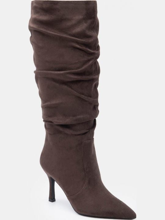 Suede Women's Boots with High Heel Khaki