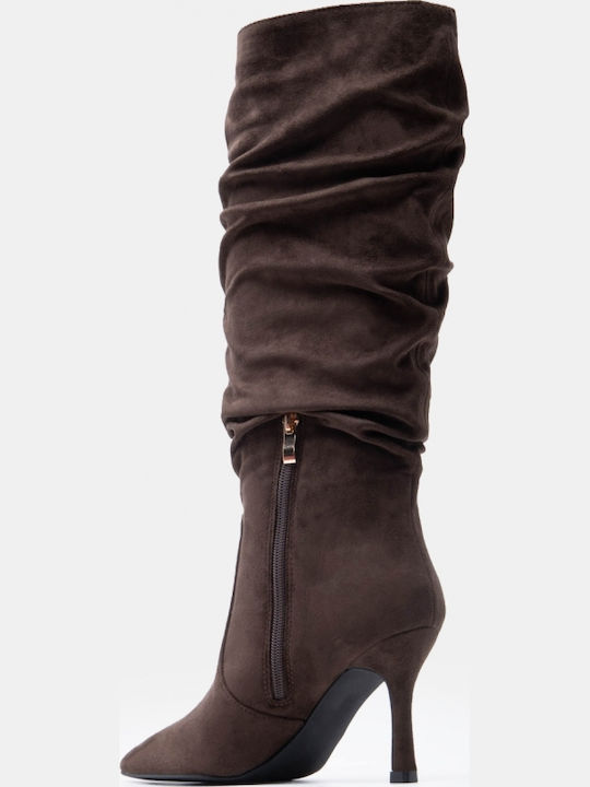 Suede Women's Boots with High Heel Khaki