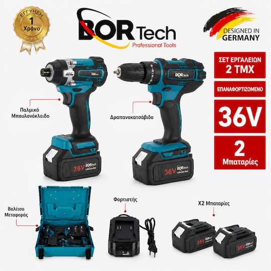 Homeone Bortech Set Drill Driver & Impact Screwdriver 36V with 2 Batteries 8Ah and Case