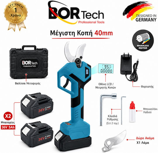 Bortech Baumschere Batterie 36V 2x5Ah mit Maximalem Schnittdurchmesser 40mm im Transportkoffer